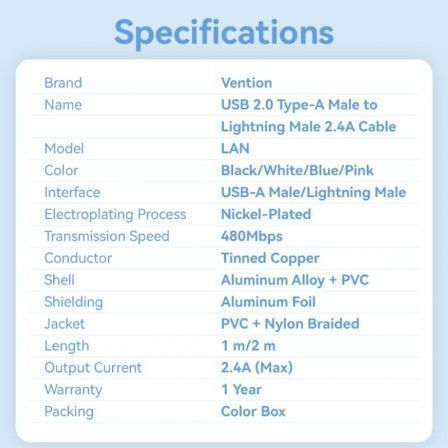Vention Cable USB Lightning LANWH Macho a Macho 480Mbps 2m Blanco